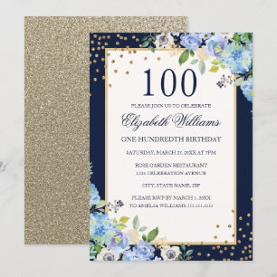 ゴールドブルーの花柄スパークル100歳の誕生日招待状 招待状