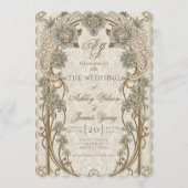 ゴールドブルーの花柄ボタニカルウェディングインビテーション 招待状 (正面)