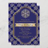 ゴールドブルーの雪の結晶 ウェディングリハーサルディナー 招待状 (正面/裏面)