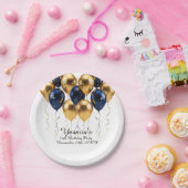 ゴールドブルーバルーン 名前と日付入りペーパーケーキ ペーパープレート (パーティー)