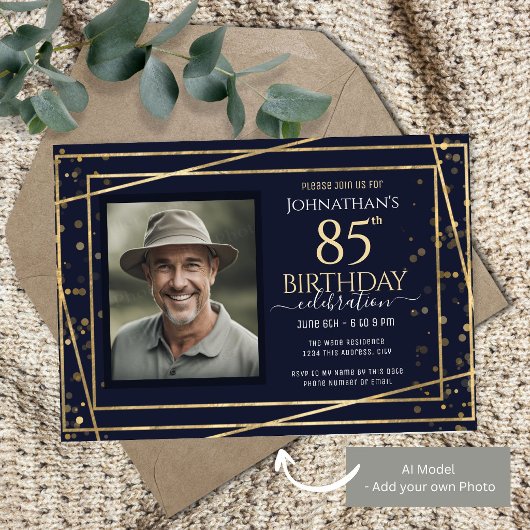 ゴールドブルー写真 85歳の誕生日パーティー 招待状