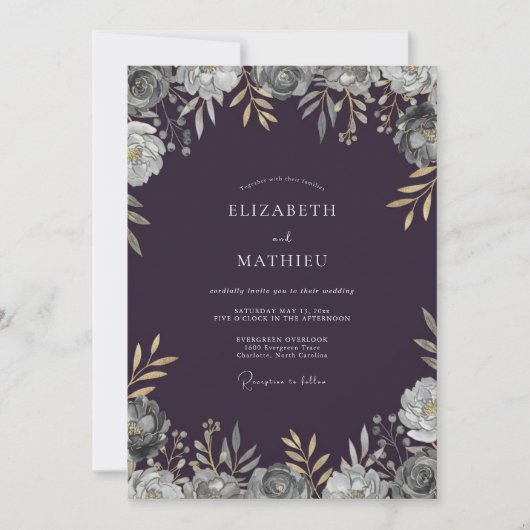 ゴールドプラムの葉の柔らかなユーカリの結婚式 招待状 (正面)
