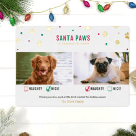 ゴールドホイルのいたずら・いい子 タグ付きツー・ドッグ・クリスマスカード 箔シーズンカード