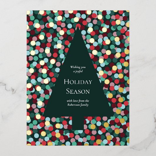 ゴールドホイルのクリスマスツリー　コンフェッティドットボーダー付き 箔シーズンポストカード (正面)