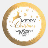 ゴールドホイルのトナカイ　メリークリスマス ラウンドシール (正面)
