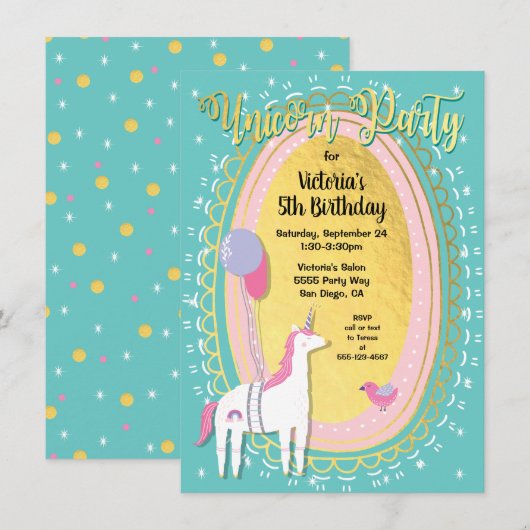 ゴールドホイルユニコーンバースデーパーティー招待状 招待状 (正面/裏面)