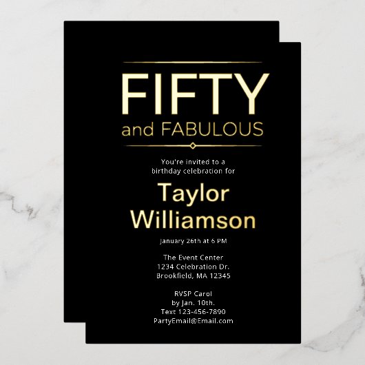ゴールドホイル フィフティ アンド ファビュラス ブラックホワイト スクリプト 箔招待状 (正面/裏面)