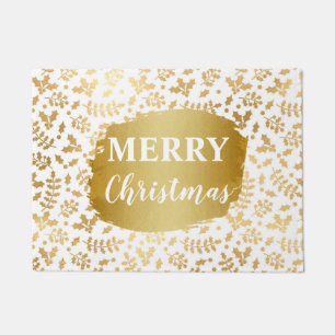 ゴールドホイル&ホワイトホリー ウィンター クリスマス ドアマット