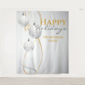 ゴールドホワイトのボールがエレガントなリボンでつながれたクリスマスグリーティング タペストリー (正面)