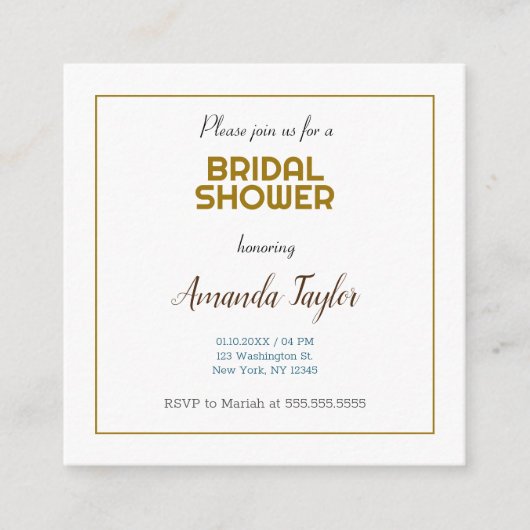ゴールドホワイトカラーミニマリストブライダルシャワー エンクロージャーカード (正面)