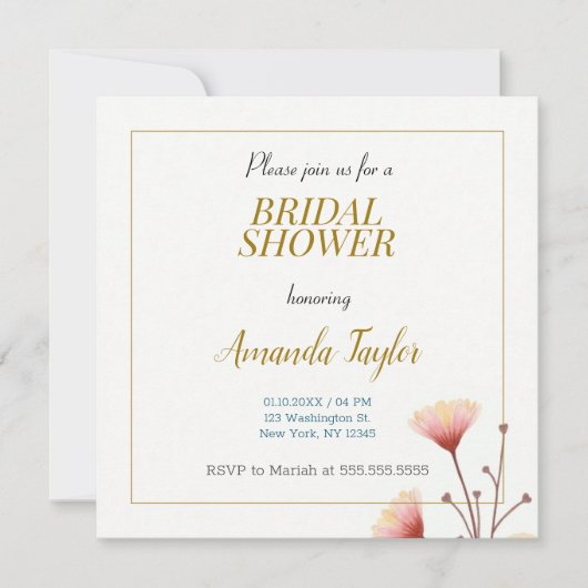 ゴールドホワイトカラーミニマリストブライダルシャワー 招待状 (正面)
