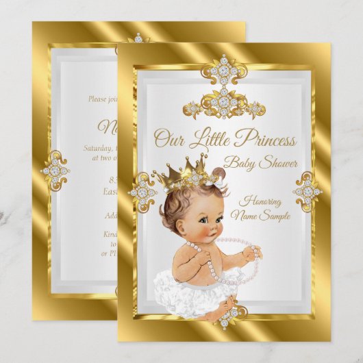 ゴールドホワイトプリンセスベイビーシャワー ブラウンヘアー 招待状 (正面/裏面)