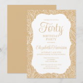 ゴールドホワイト フローラ 女性 40歳の誕生日パーティー 招待状 (正面/裏面)