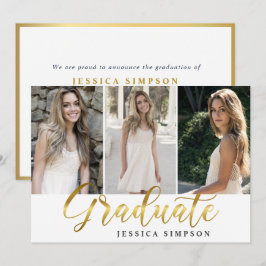 ゴールドホワイト モダン3 フォト 卒業パーティー 招待状