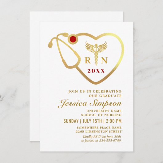 ゴールドホワイト モダン 看護学校 卒業 招待状 (正面/裏面)