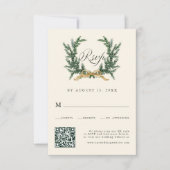 ゴールドボウとグリーンパインリースの結婚式QRコード 豪華な白 出欠カード (正面)