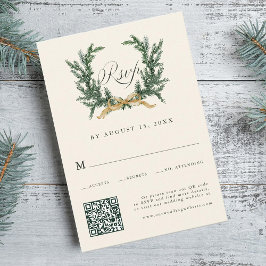 ゴールドボウとグリーンパインリースの結婚式QRコード 豪華な白 出欠カード
