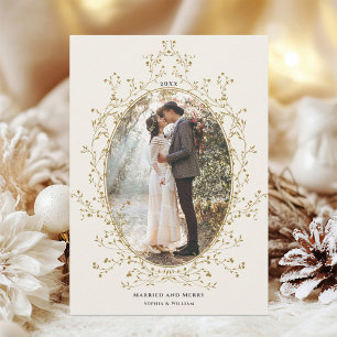 ゴールドボタニカルリースの結婚おめでとうフォトカード シーズンカード