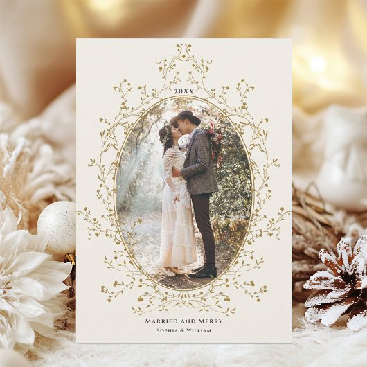 ゴールドボタニカルリースの結婚おめでとうフォトカード シーズンカード