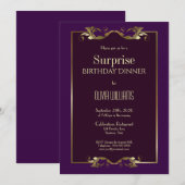 ゴールドボーダー パープルサプライズ バースデーディナー 招待状 (正面/裏面)