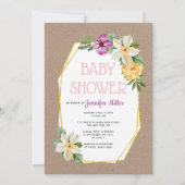 ゴールドポリゴンクラフト紙ラスチックの花の赤ちゃんシャワー 招待状 (正面)