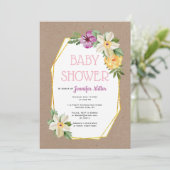 ゴールドポリゴンクラフト紙ラスチックの花の赤ちゃんシャワー 招待状 (スタンド正面)