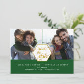 ゴールドポリゴン2枚の写真 エメラルドグリーンの結婚式延期案内状 セーブザデート (スタンド正面)