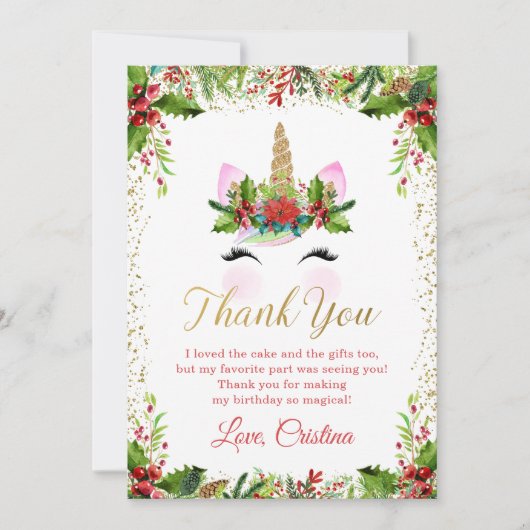 ゴールドマジカルクリスマスユニコーンハガキをありがとう 招待状 (正面)