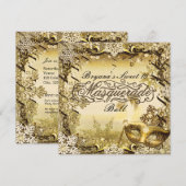 ゴールドマスカレードマスク & ウィンター スノーフレークス エレガント 招待状 (正面/裏面)