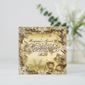 ゴールドマスカレードマスク & ウィンター スノーフレークス エレガント 招待状 (スタンド正面)