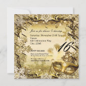 ゴールドマスカレードマスク & ウィンター スノーフレークス エレガント 招待状 (裏面)