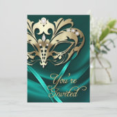 ゴールドマスカレード ティール ジュエルド パーティー招待状 招待状 (スタンド正面)