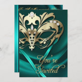 ゴールドマスカレード ティール ジュエルド パーティー招待状 招待状 (正面/裏面)