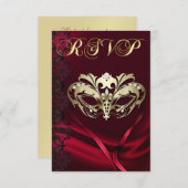 ゴールドマスカレード 赤い宝石の付いたRSVP招待状 出欠カード (正面/裏面)
