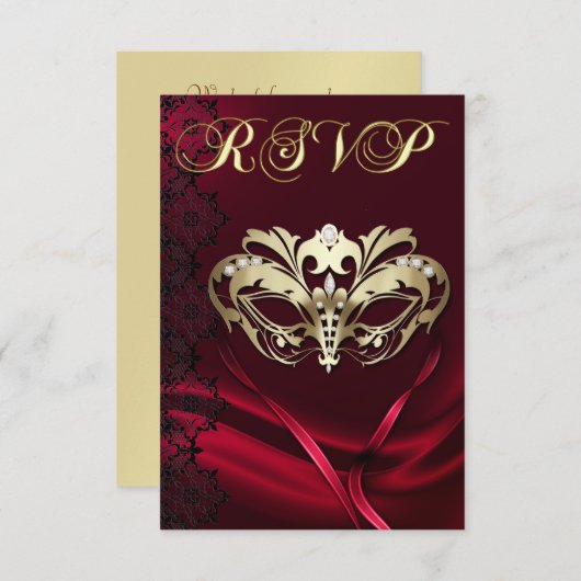 ゴールドマスカレード 赤い宝石の付いたRSVP招待状 出欠カード (正面/裏面)