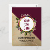 ゴールドマーブルとバーガンディフラワーのSave the Date ポストカード (正面/裏面)