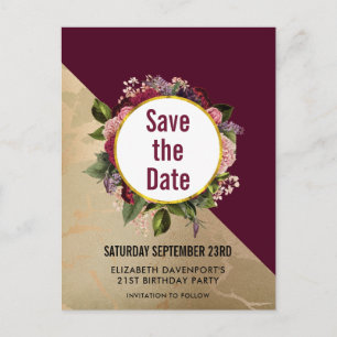 ゴールドマーブルとバーガンディフラワーのSave the Date ポストカード