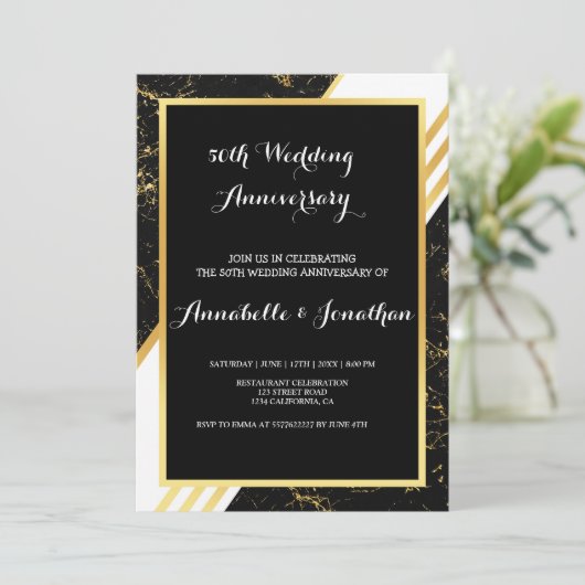 ゴールドマーブルストライプ タイポグラフィー 結婚記念日 招待状 (スタンド正面)