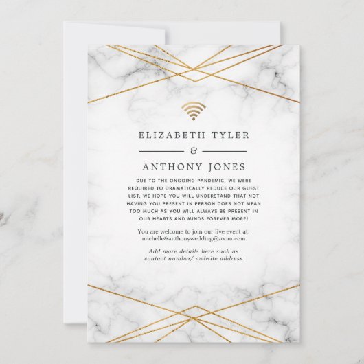 ゴールドマーブル幾何学デザインの縮小結婚式ゲストリスト 案内状 (正面)