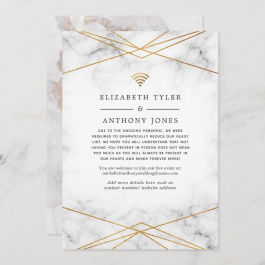 ゴールドマーブル幾何学模様の縮小結婚式ゲストリスト 案内状 (正面/裏面)