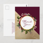 ゴールドマーブル模様とバーガンディの花柄の感謝カード ポストカード (正面/裏面)