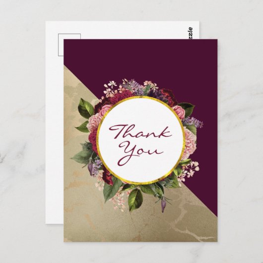 ゴールドマーブル模様とバーガンディフラワーの感謝 ポストカード (正面/裏面)