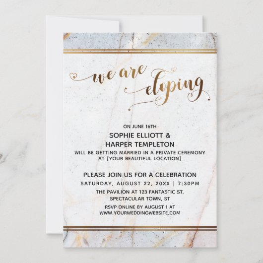 ゴールドマーブル 私たちはこっそり結婚する ゴールドハート カリグラフィー 招待状 (正面)