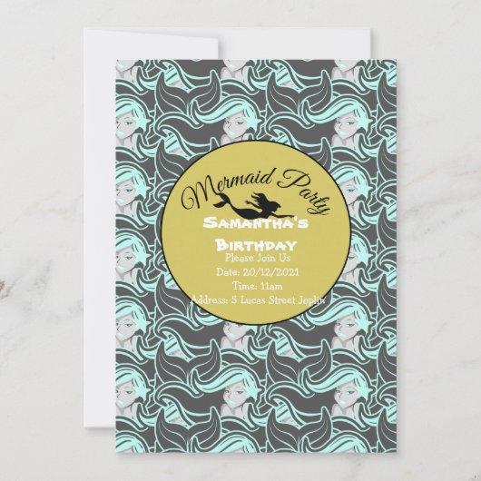 ゴールドマーメイドパーティーブルー招待状 招待状 (正面)