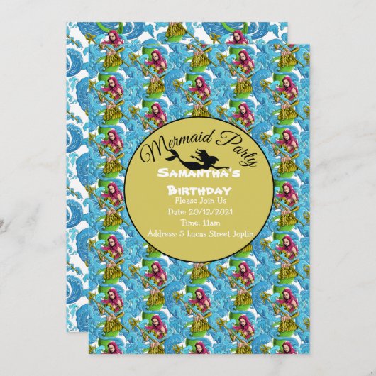 ゴールドマーメイドパーティー ピンクの招待状 招待状 (正面/裏面)