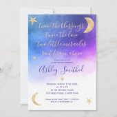 ゴールドムーンスター ピンク水彩 ツインズベイビーシャワー 招待状 (正面)