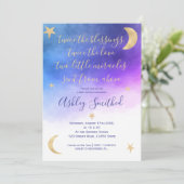 ゴールドムーンスター ピンク水彩 ツインズベイビーシャワー 招待状 (スタンド正面)