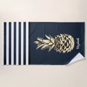 ゴールドメタリックパイナップル ネイビーブルー ストライプ ビーチタオル (正面)