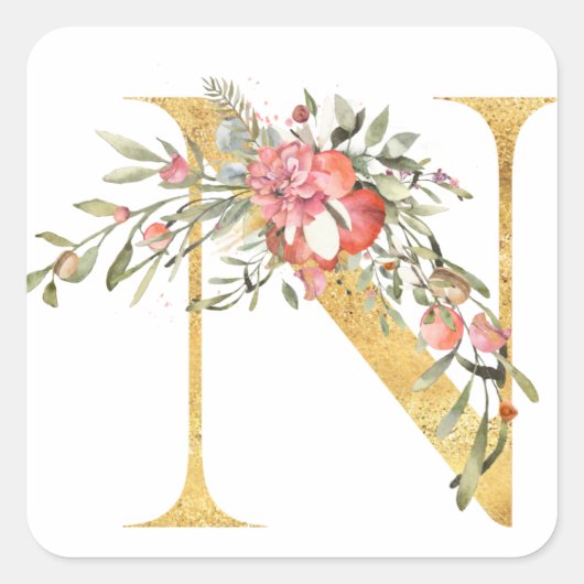 ゴールドモノグラムのNの文字に花 スクエアシール (正面)