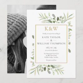 ゴールドモノグラムグリーン写真ウェディング 招待状